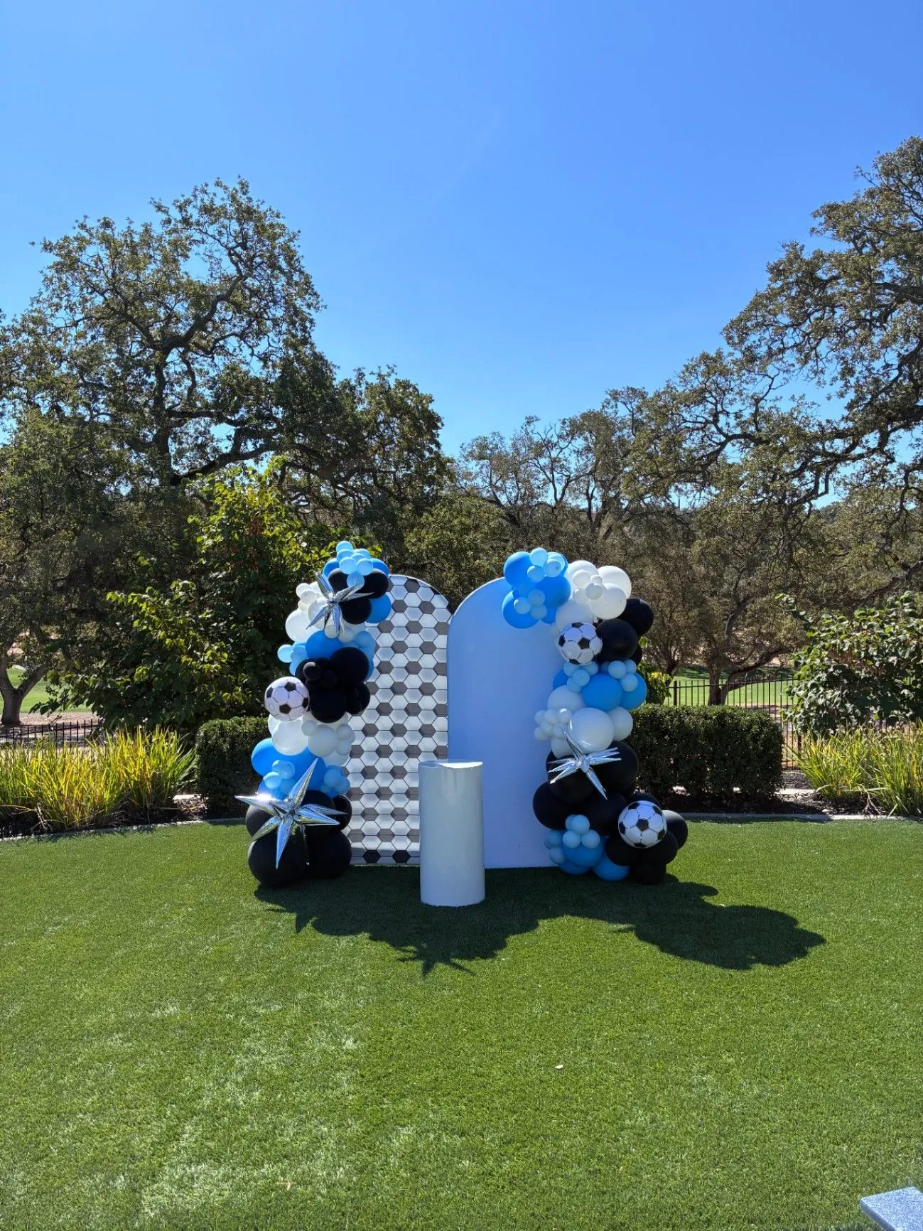 Blue and white soccer-themed party backdrop with balloon garlands