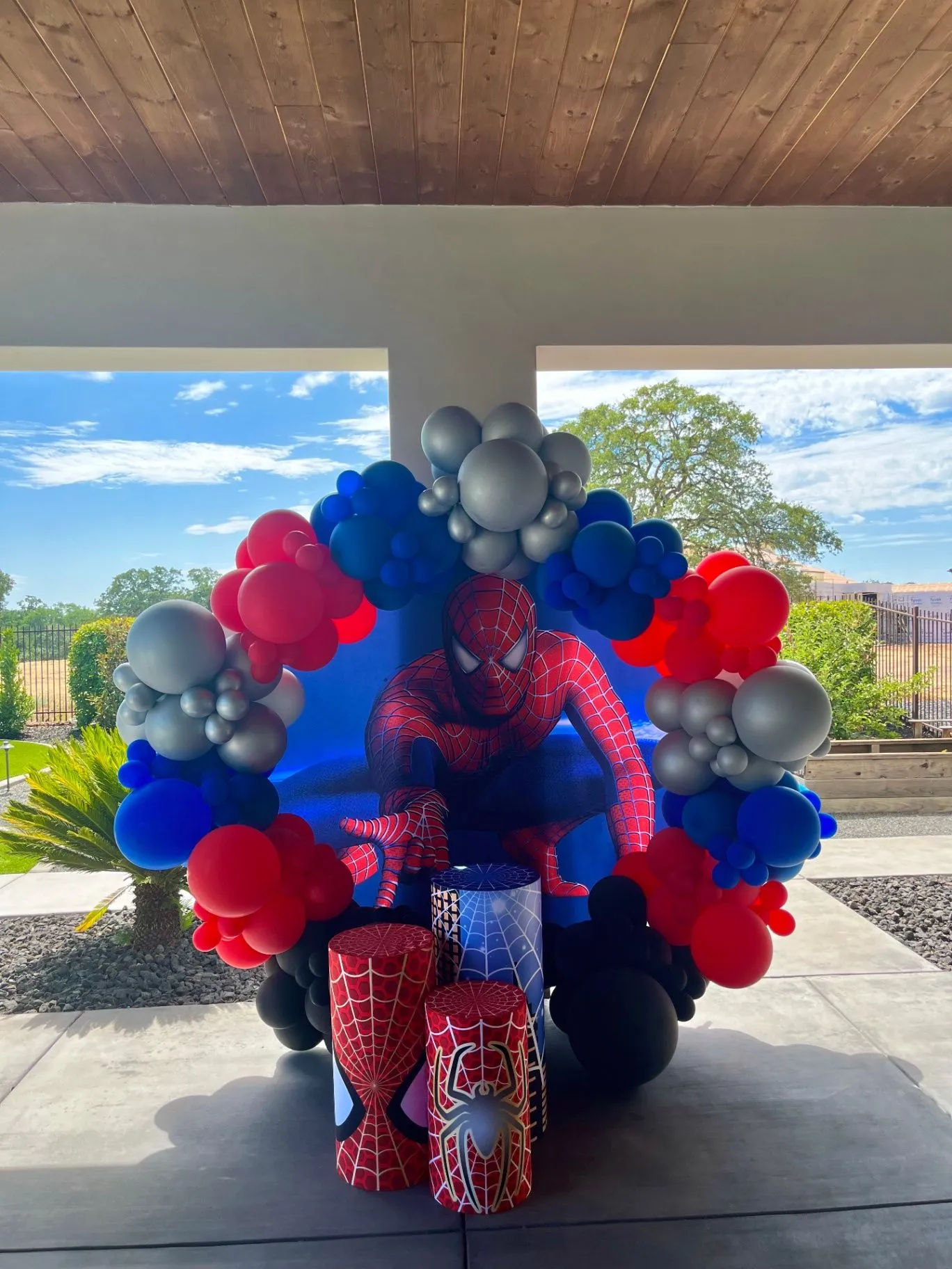 Red and blue superhero-themed birthday backdrop with matching balloon arch